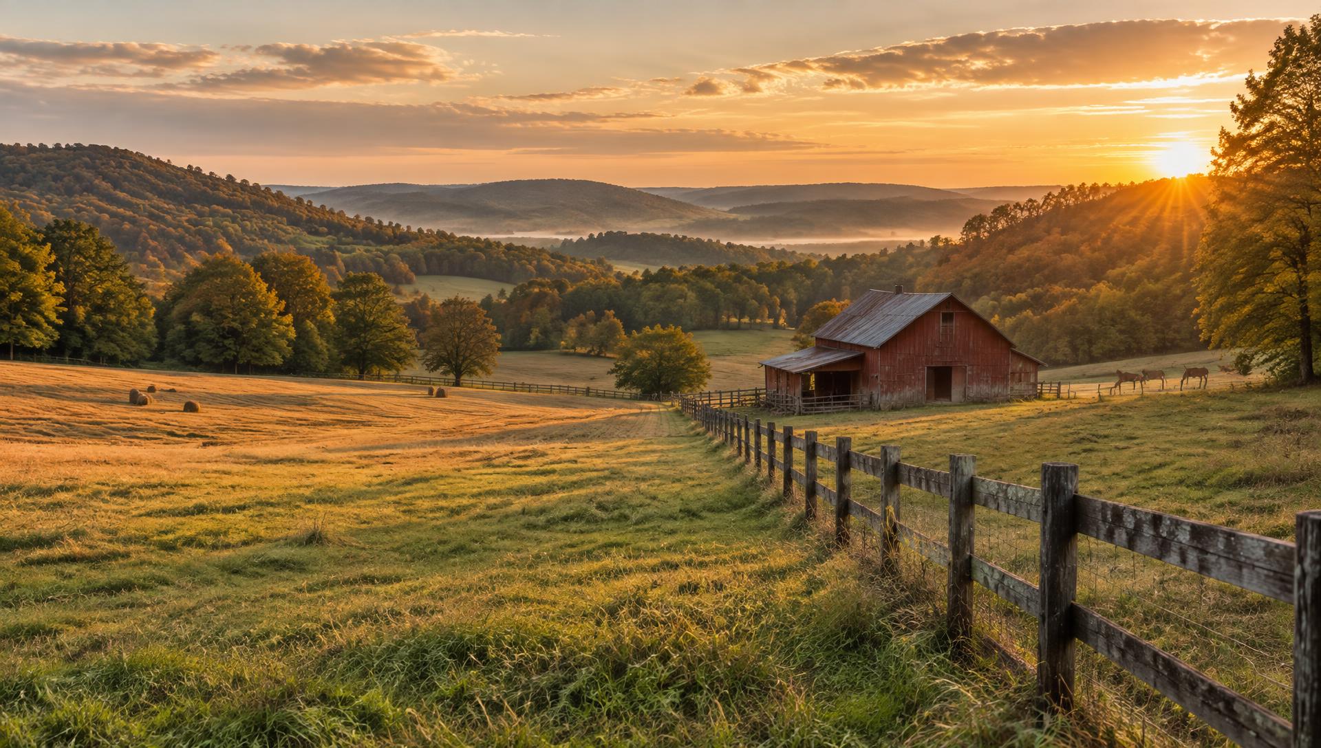 Golden-hour Tennessee farm with a weathered barn and whitetail deer at the field edge